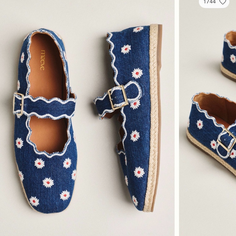 Anthropologie Denim Daisy Mary Jane Flats - Blue & White - Picture 1 of 5